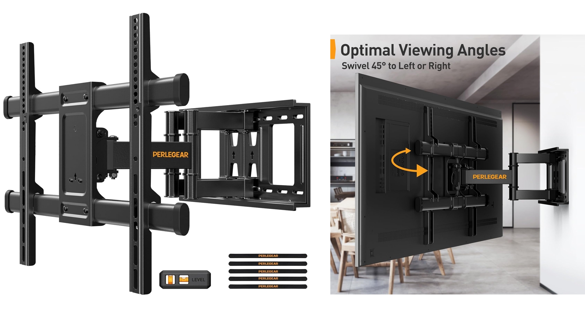 PERLEGEAR Support Mural TV pour écrans 37-84 Pouces Jusqu'à 60KG, Fixation TV Murale Inclinable et Orientable Max. VESA 600x400mm, Accroche TV Mural