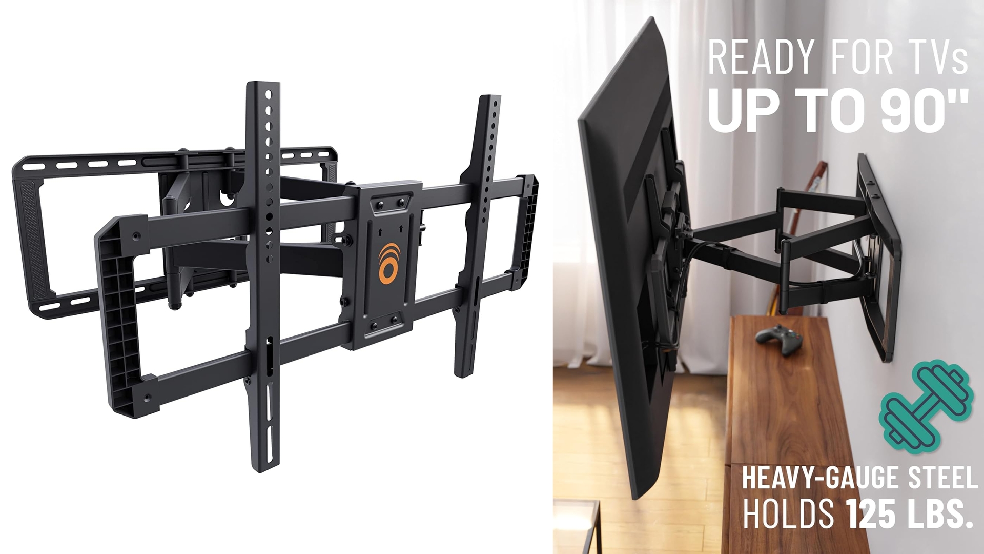 Support TV Conçu pour s'adapter à presque tous les modèles VESA, ce support est compatible avec toutes les grandes marques de téléviseurs, y compris LG, Sony, Vizio et Samsung.
Utilisez le gabarit de perçage inclus et le kit de matériel complet pour fixer votre téléviseur au mur en moins de 30 minutes. Cela vous laissera tout le temps de rattraper votre retard sur House Of The Dragon avant d'aller vous coucher.
Des supports solides. Nos supports en acier épais peuvent supporter des téléviseurs jusqu'à 90 pouces ou 57 kg. TV Samsung de 75 pouces ? Aucun problème. TV Vizio 85 pouces ? Un jeu d'enfant.
Permet de régler la position de votre téléviseur. Éloignez votre téléviseur de 56 cm du mur et orientez-le dans n'importe quelle direction de la pièce grâce à une rotation fluide de 130º. Placez-le à 6 cm du mur pour un look vraiment fin et discret.