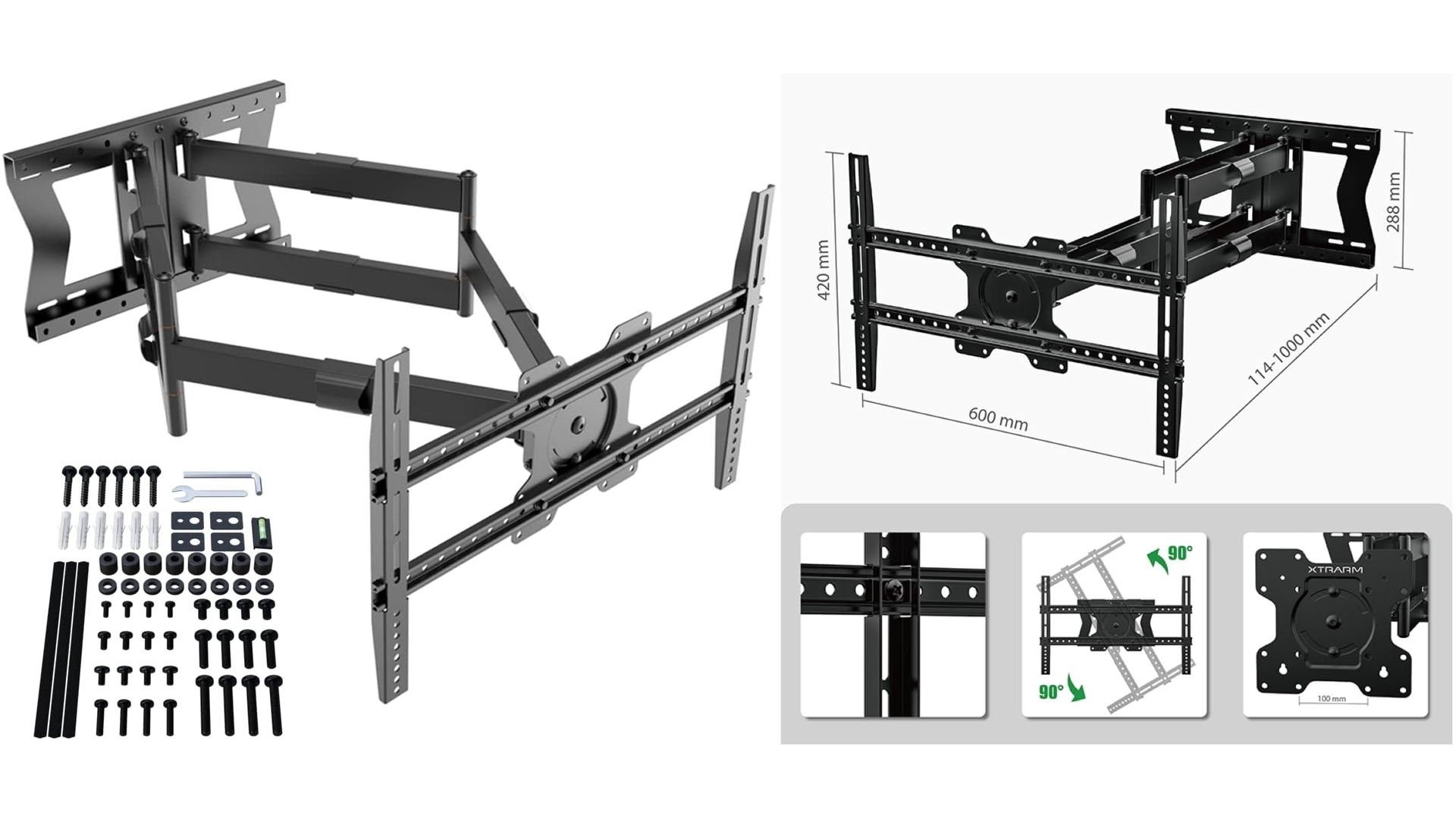 Support TV long déport 100 cm Support Mural TV, Rotation, Inclinaison, TV 80kg, VESA 600x400 Noir