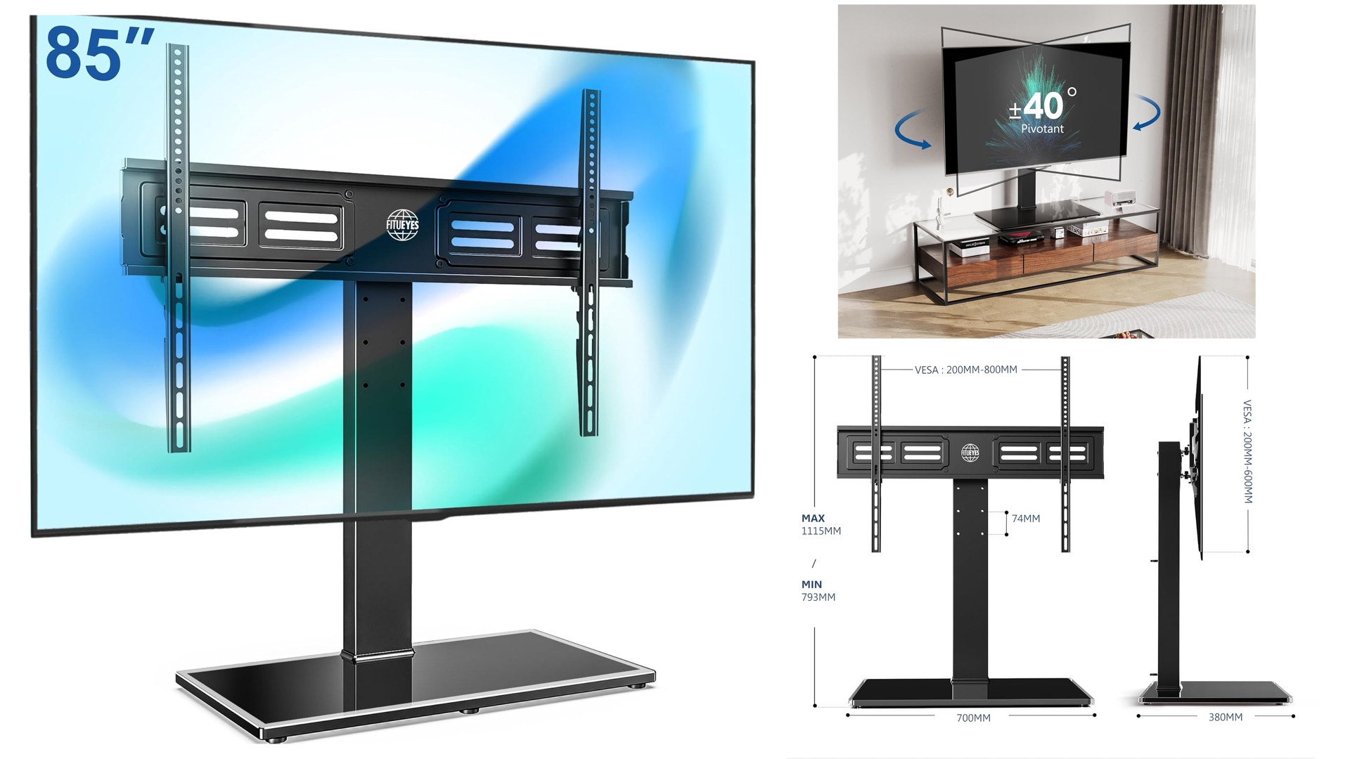 Support TV sur pied pour grand écran 85 pouces max 