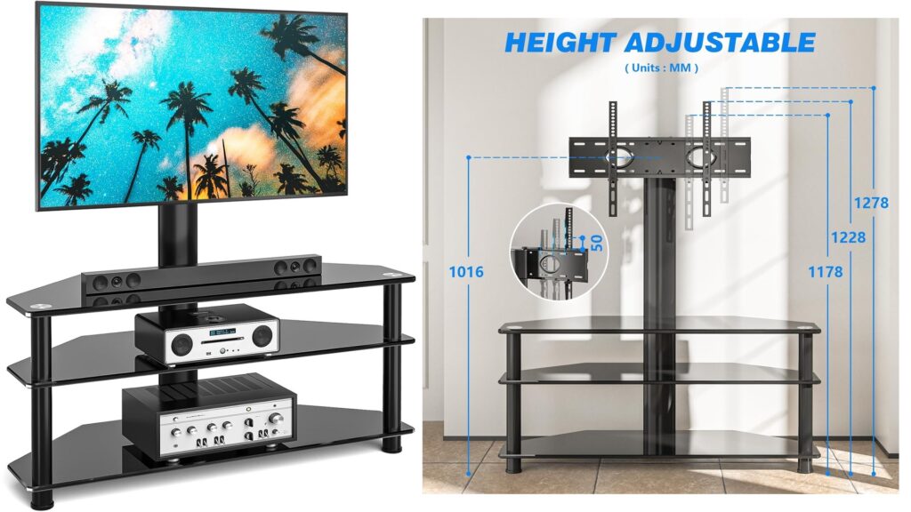 RFIVER Meuble TV avec Support Pivotant Hauteur Réglable pour TVs et Ecrans LCD LED de 32 à 70 Pouces 3 Étagères TW1002