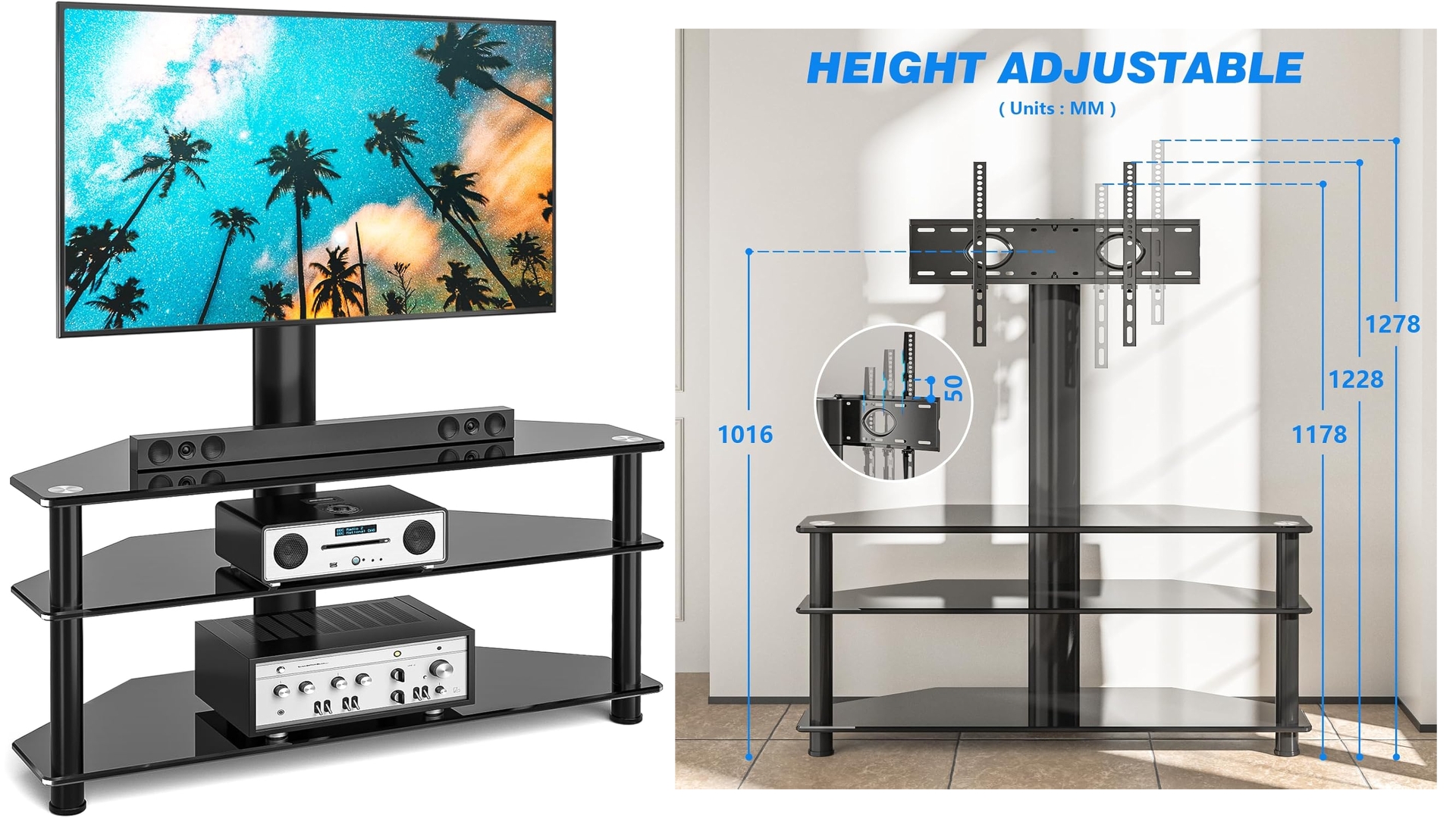 RFIVER Meuble TV avec Support Pivotant Hauteur Réglable pour TVs et Ecrans LCD LED de 32 à 70 Pouces 3 Étagères TW1002